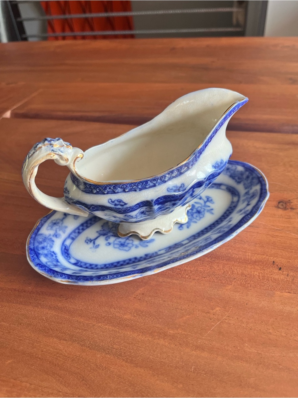 Gravy Boat & Underplate Windsor Flow Blue porcelain John Edwards England 2 piece